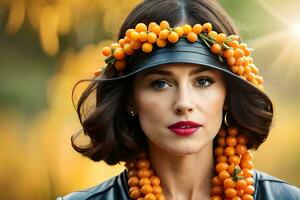 een vrouw vervelend een hoed met sinaasappels Aan haar hoofd. ai-gegenereerd foto