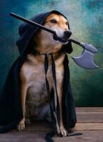 hond gekleed in een zwart kaap met een kap en een bijl in zijn mond foto