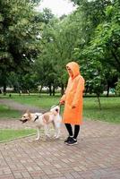 jonge vrouw in oranje regenjas wandelen met haar hond in een park foto