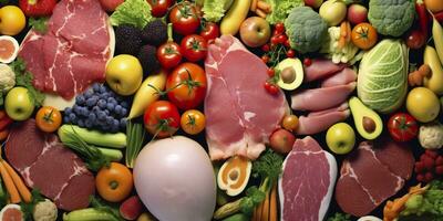 verschillend types van vlees, groenten, en fruit leggen in supermarkten. generatief ai foto