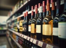 abstract vervagen wijn flessen Aan likeur alcohol schappen in supermarkt op te slaan achtergrond. generatief ai foto