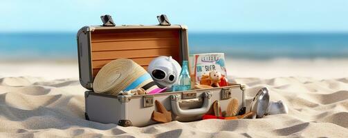strand voorbereiding, accessoires in koffer Aan zand. generatief ai foto