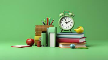 knal kunst illustratie van school- accessoires met appels, boeken, en een alarm klok Aan de school- achtergrond. terug naar school- concept. 3d weergave, ai generatief foto