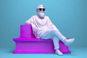 een wit standbeeld van Plato in een koel houding, vervelend magenta en cyaan 3d bril, klaar naar feest. ai generatief foto