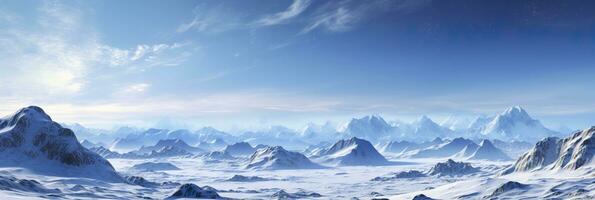 enorm verlaten sneeuw land, groot bergen in de achtergrond, sneeuwval met licht blauw lucht en licht blauw kleuren, vredig atmosfeer, ai generatief foto