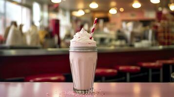 kers milkshake in een klassiek Amerikaans diner. voedsel fotografie concept. generatief ai foto