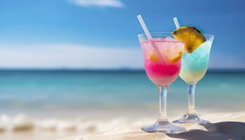 cocktail glas Aan de zanderig strand in de buurt de zee in zomer tijd. generatief ai foto