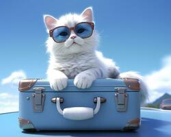 schattig kat Aan blauw koffer met zonnebril. ai generatief foto