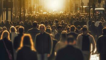 menigte van mensen wandelen bezig stad straat verlicht. generatief ai foto