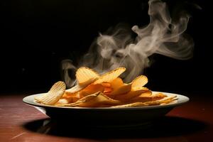 aardappel chips in een kom Aan een houten tafelblad Aan een donker achtergrond. gegenereerd door kunstmatig intelligentie- foto