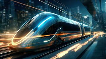 een futuristische trein op reis door de stad Bij nacht. generatief ai foto