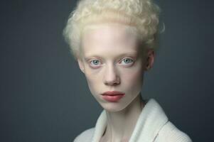 Afrikaanse Amerikaans albino tiener- jongen met eerlijk huid, wit gekruld haar, blauw ogen. in wit half geloof. looks Bij de camera. Aan een schoon grijs achtergrond. portret. multinationaal. diversiteit. ai gegenereerd foto