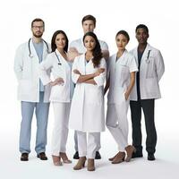 een groep van artsen staand samen in wit laboratorium jassen. ai generatief foto