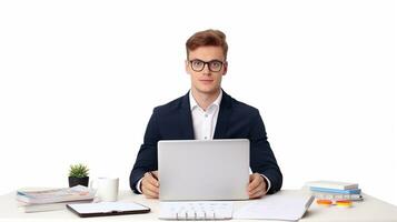 een Mens in bril zittend Bij een bureau met een laptop. ai generatief foto