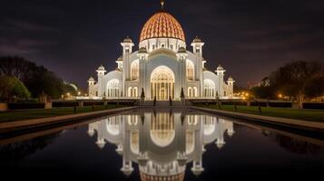 nacht visie van Bahai huis van aanbidding. generatief ai foto