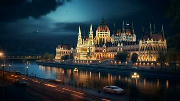 nacht visie van Boedapest parlement. generatief ai foto