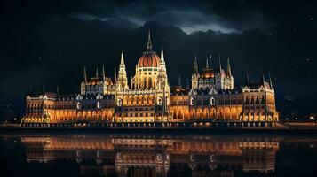 nacht visie van Boedapest parlement. generatief ai foto