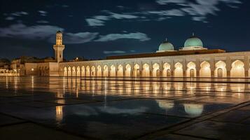 nacht visie van Super goed moskee van kairouan. generatief ai foto