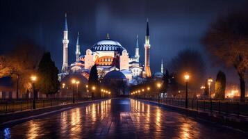 nacht visie van hagia sophia. generatief ai foto