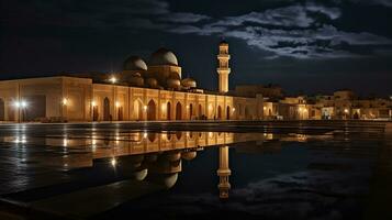 nacht visie van Super goed moskee van kairouan. generatief ai foto