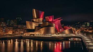 nacht visie van Guggenheim museum bilbao. generatief ai foto