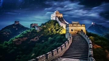 nacht visie van Super goed muur van China. generatief ai foto