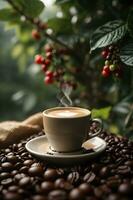 heet koffie kop met biologisch koffie bonen Aan de houten tafel en de plantages achtergrond. gegenereerd door ai foto