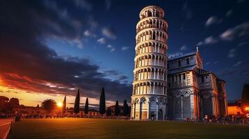 nacht visie van leunend toren van pisa. generatief ai foto