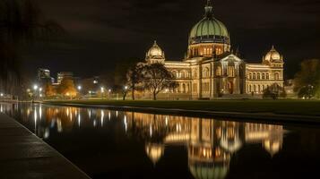 nacht visie van Koninklijk tentoonstelling gebouw. generatief ai foto
