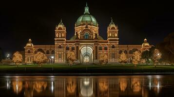 nacht visie van Koninklijk tentoonstelling gebouw. generatief ai foto