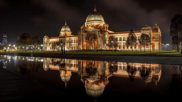 nacht visie van Koninklijk tentoonstelling gebouw. generatief ai foto