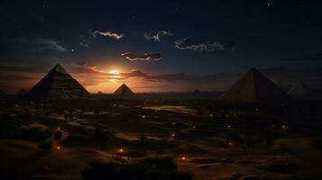nacht visie van piramides van gizeh. generatief ai foto