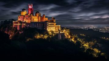 nacht visie van Pena paleis. generatief ai foto