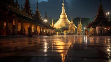 nacht visie van de shwedagon pagode. generatief ai foto