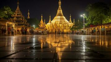 nacht visie van de shwedagon pagode. generatief ai foto