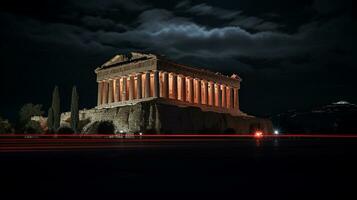 nacht visie van de Parthenon. generatief ai foto