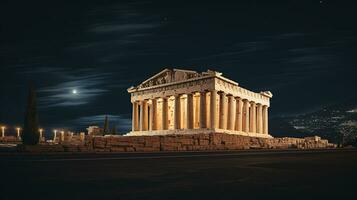 nacht visie van de Parthenon. generatief ai foto