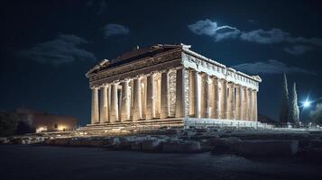 nacht visie van de Parthenon. generatief ai foto