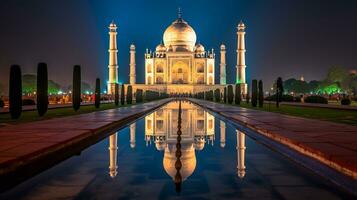 nacht visie van de taj mahal. generatief ai foto