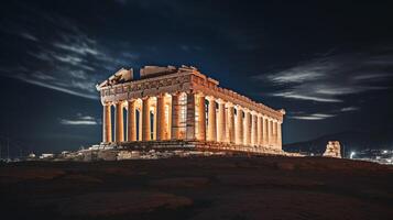 nacht visie van de Parthenon. generatief ai foto