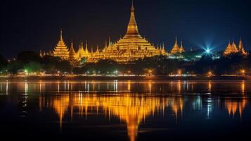 nacht visie van de shwedagon pagode. generatief ai foto