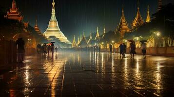 nacht visie van de shwedagon pagode. generatief ai foto