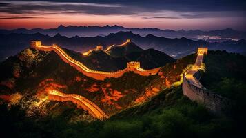 nacht visie van de Super goed muur van China. generatief ai foto