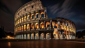 nacht visie van de colosseum. generatief ai foto