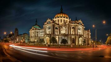 nacht visie van palacio de bella's artes. generatief ai foto