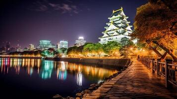 nacht visie van Osaka kasteel. generatief ai foto