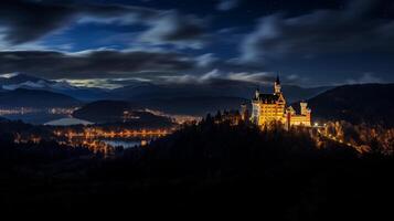 nacht visie van neuschwanstein kasteel. generatief ai foto