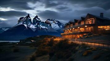 nacht visie van Torres del paine hotel. generatief ai foto