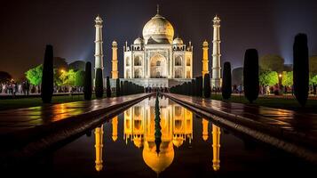 nacht visie van de taj mahal. generatief ai foto