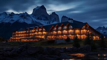 nacht visie van Torres del paine hotel. generatief ai foto